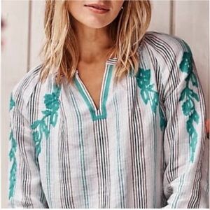 J. Jill Women’s Love Linen Stripes Floral Embroidered Split Neck Blouse Size L